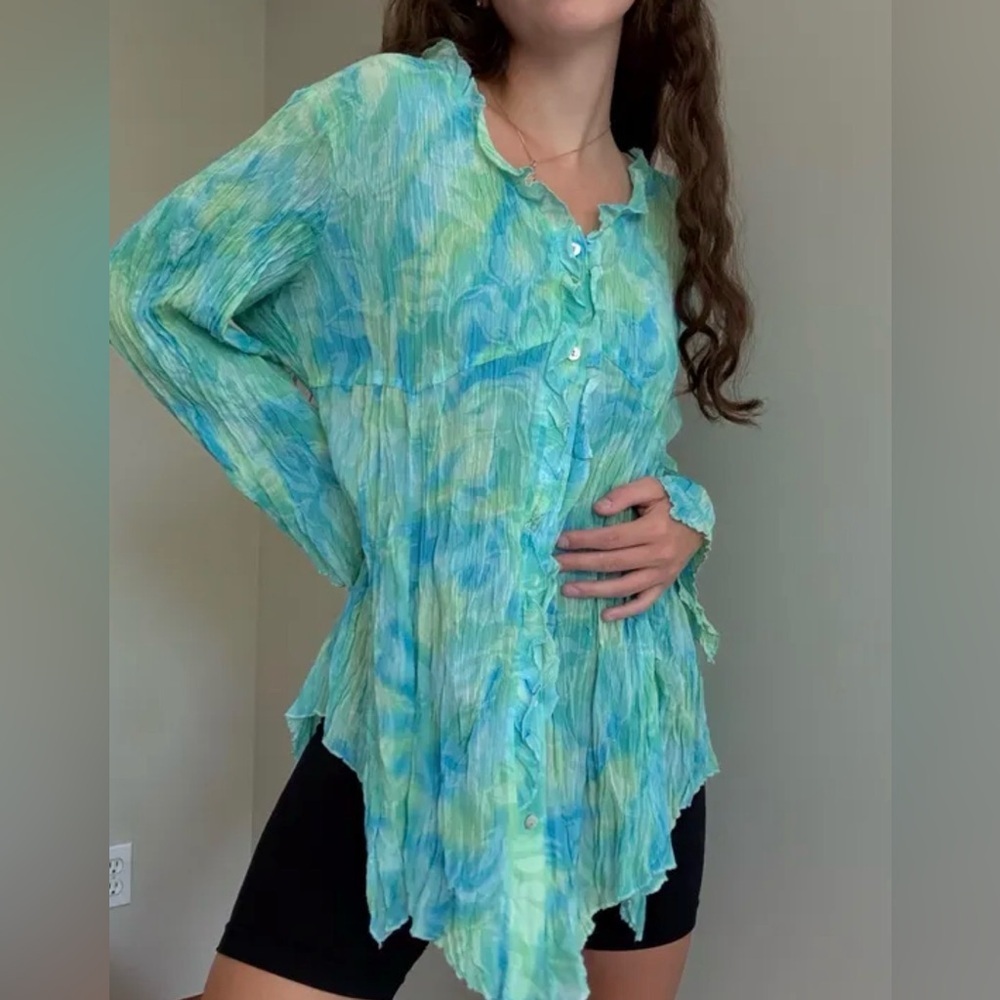 Coldwater Creek Aqua Green Blue Crinkle Handkerchief Hem Button Up Blouse PL